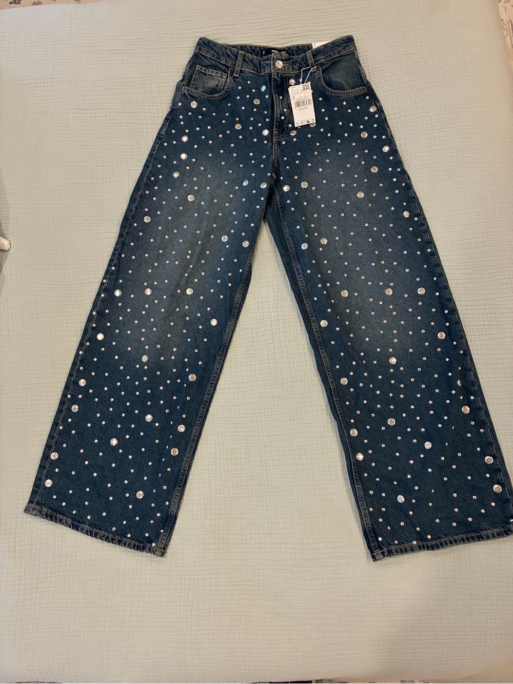 Mango Studded Straight Leg Jeans NWT | Rhinestone Embellished | Size 4